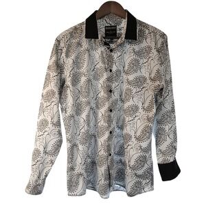 BARABAS Mens XL Black Paisley Long Sleeve Button Down Shirt White Blue Black